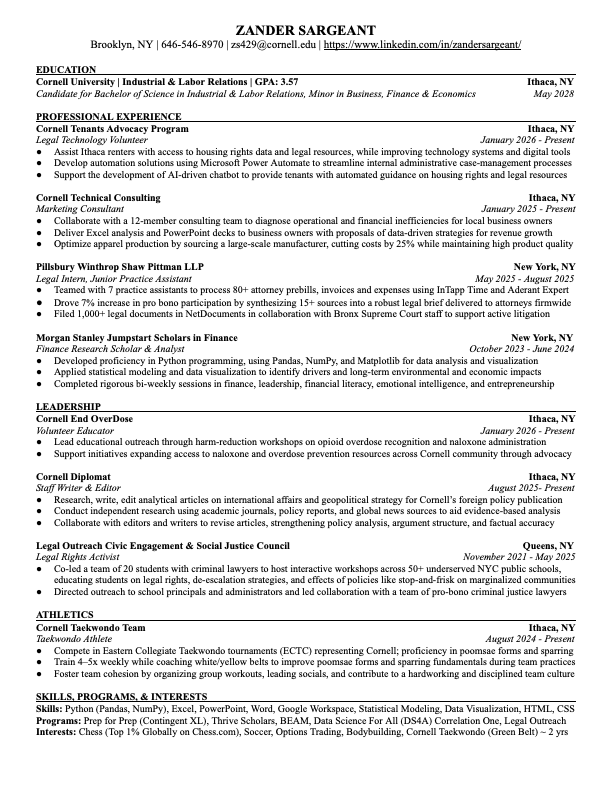 Resume preview for Zander Sargeant
